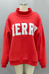 Firebrick MERRY Embroidered Mock Neck Sweatshirt Sweatshirt