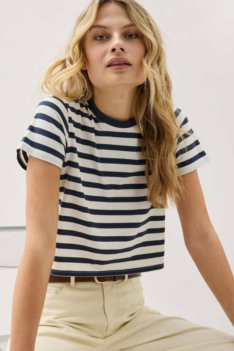 Gray Pima Boxy Crop Stripe Tee in Nautical Stripe T Shirt