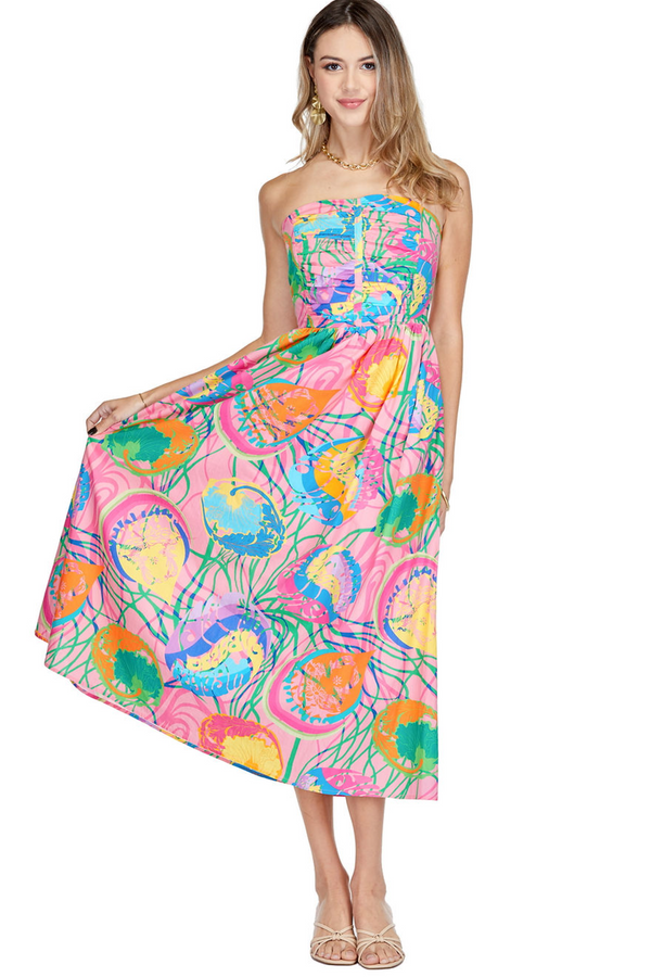 Tan Gathers Tube Dress in Ribbon Fun Midi Dress