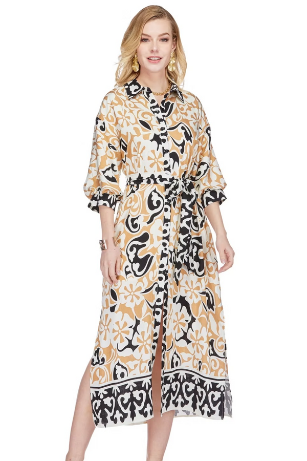 Light Gray Maxi Shirt Dress in Ethnic Border Maxi Dress