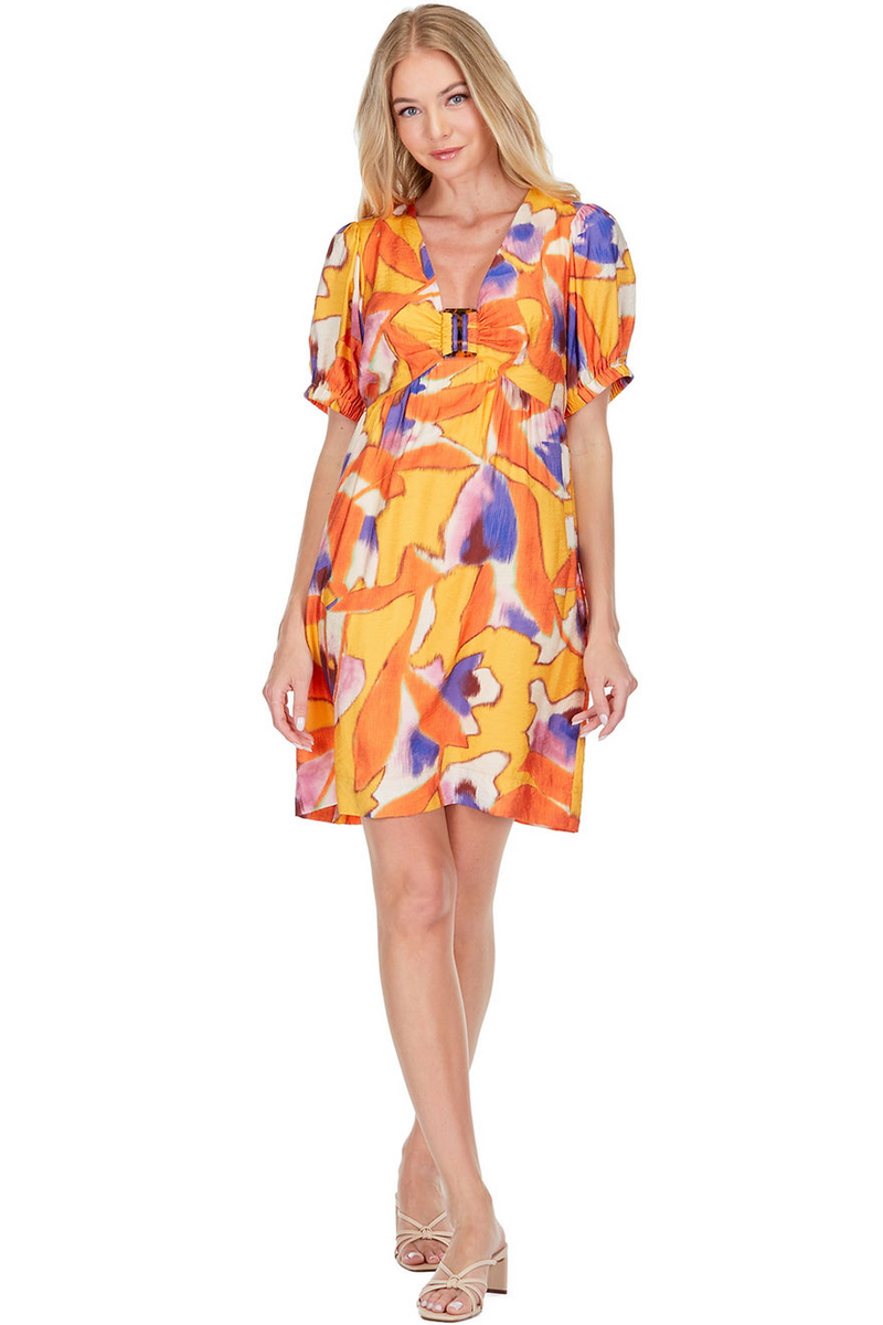 Dark Salmon V- Neck Ring Dress in Mustard Fantasy Dress