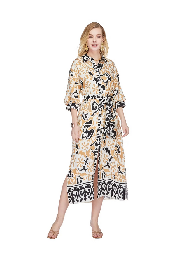 Light Gray Maxi Shirt Dress in Ethnic Border Maxi Dress