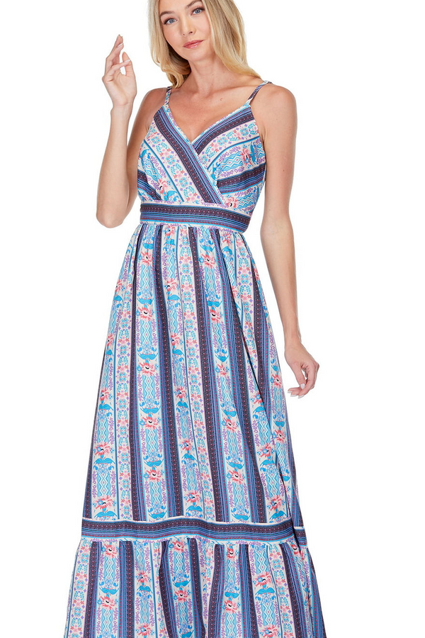 Gray Faux Wrap Sundress in Poppies Stripes Maxi Dress