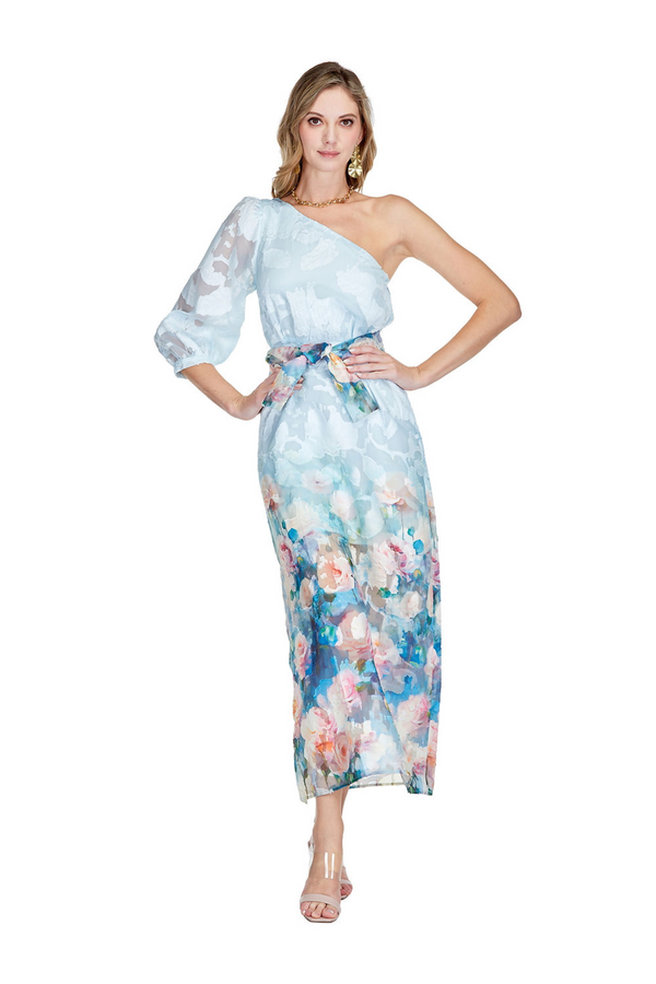 Light Gray One Shoulder Column Dress in Painted Garden Maxi Dress