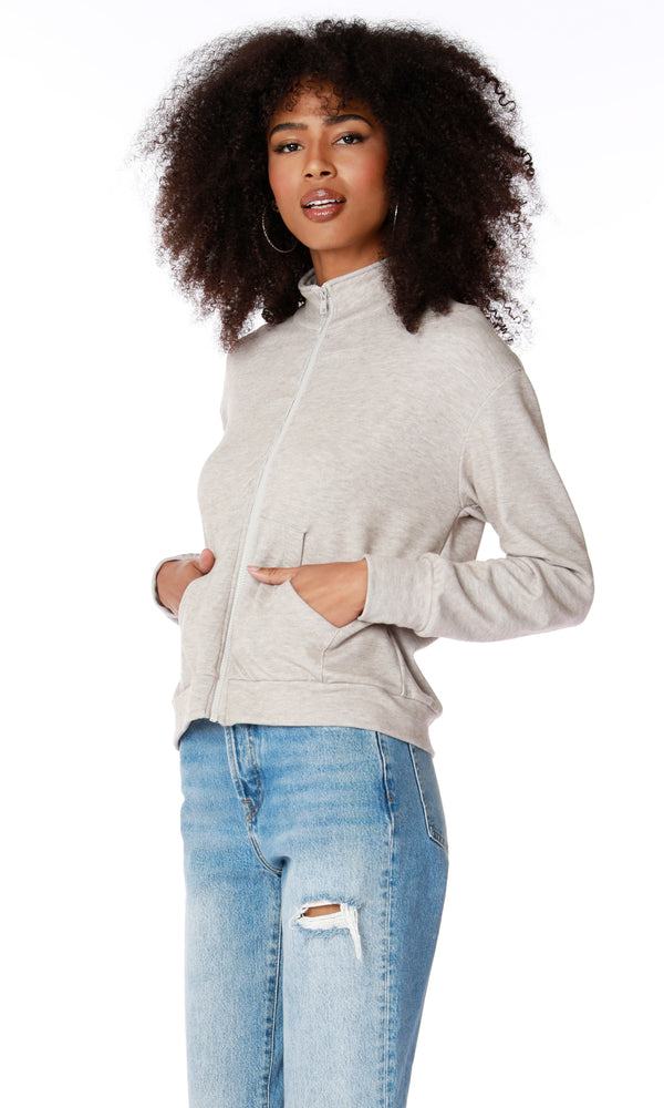 Light Gray Funnel Neck Zip Front Top Top