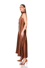 White Smoke Satin Mock Neck With Long Tie Dress 42" Maxi Dress