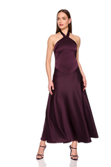 White Smoke Satin X Front Tie Halter Dress Maxi Dress