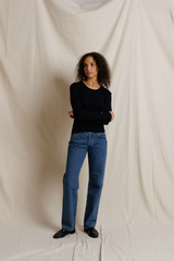 Gray Flora Sweater Rib Crew Neck Long Sleeve Top