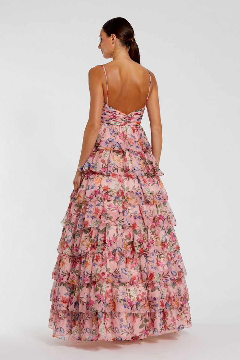 Mac Duggal - Pink Floral Cut Out Ruffle Tiered Gown - US 6 Mac Duggal - Pink Floral Cut Out Ruffle Tiered Gown - US 6