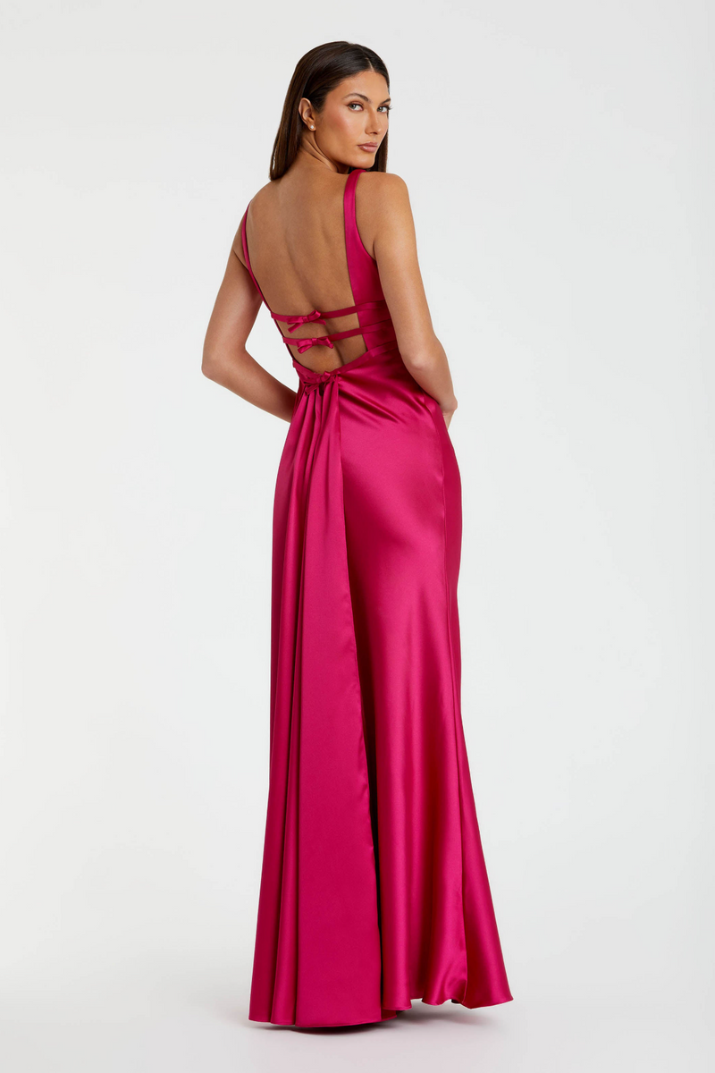 raspberry evening dress The Nora | Raspberry Formal Evening Dress Mermaid Asymmetrical Neck Satin Maxi Dress