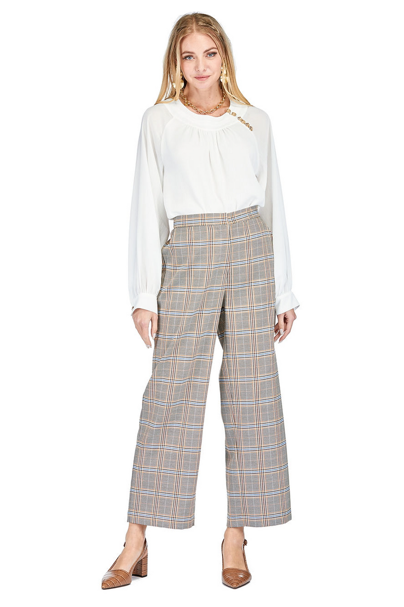 Light Gray Brown Plaid Wide Leg Pant Pant