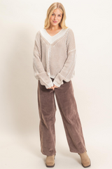 Gray Clarie Striped V-Neck Sweater Sweater