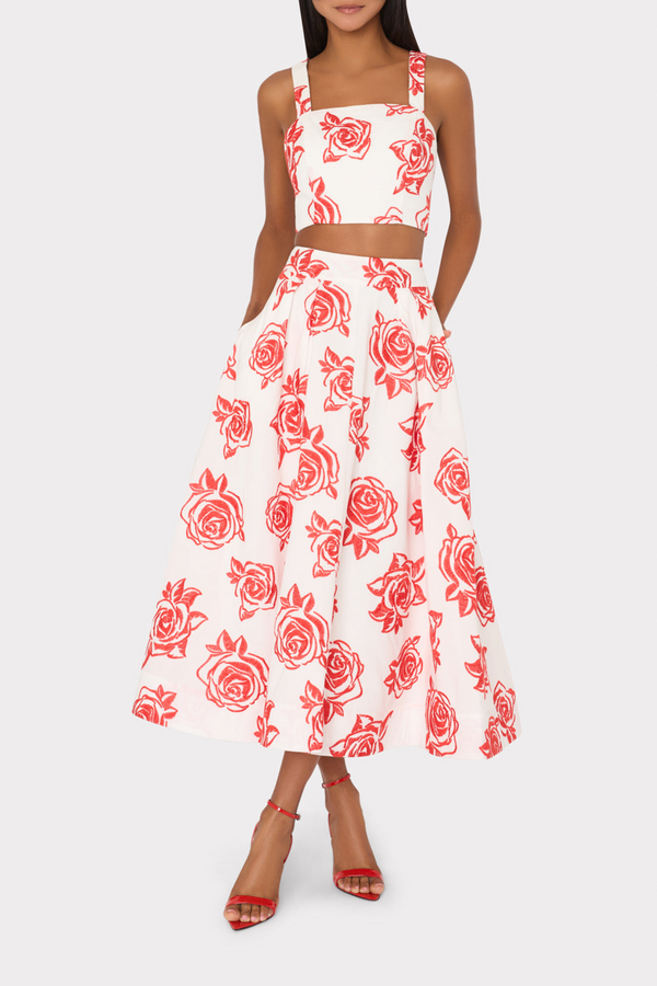 Misty Rose Juliet Rose Embroidery Midi Skirt in Red/White Midi Skirt