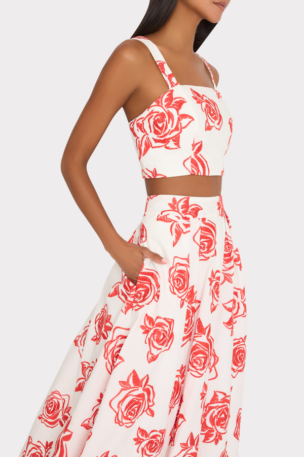 Beige Juliet Rose Embroidery Midi Skirt in Red/White Midi Skirt