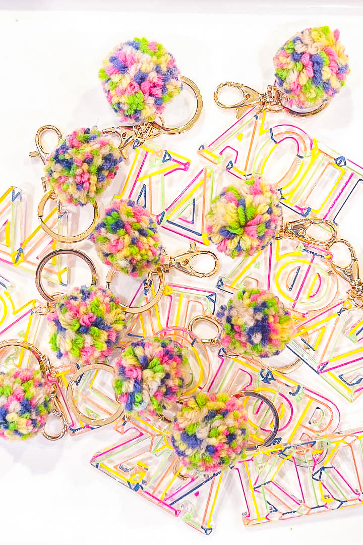 Antique White Sorority Pom Pom Key Chain