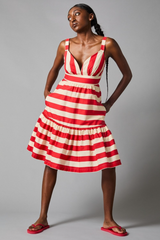 Dark Gray Tiered Mini Slip Dress in Red Awning Stripe Dress