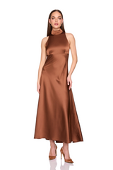 White Smoke Satin Mock Neck With Long Tie Dress 42" Maxi Dress