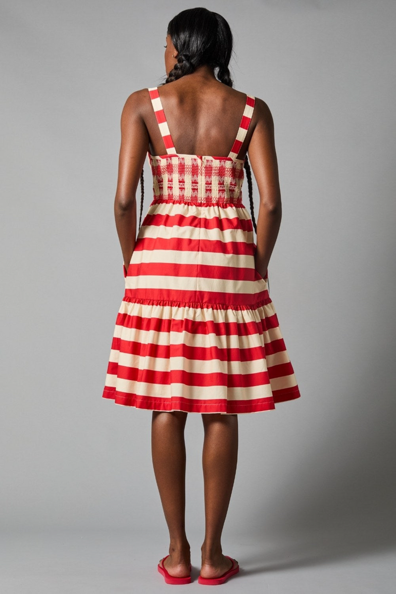 Dark Gray Tiered Mini Slip Dress in Red Awning Stripe Dress