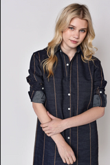Light Gray Denim & Brown Stripe Girlfriend Mini Dress Mini Dress