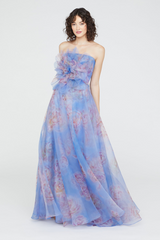 Light Gray Kimberly | Strapless Organza Gown in Pearl Roses Formal Gown