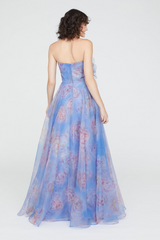Light Gray Kimberly | Strapless Organza Gown in Pearl Roses Formal Gown