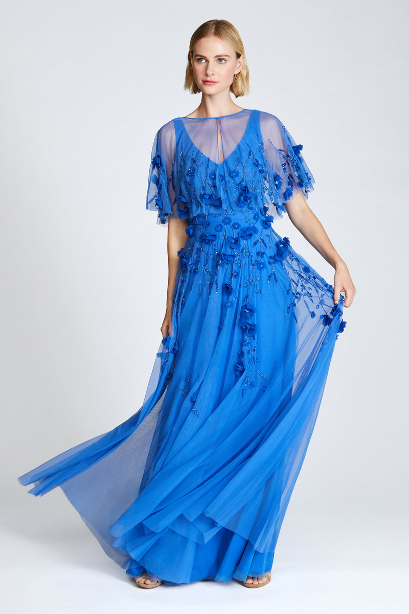 Fabiana Beaded Capelet Gown 8 / Cornflower Blue