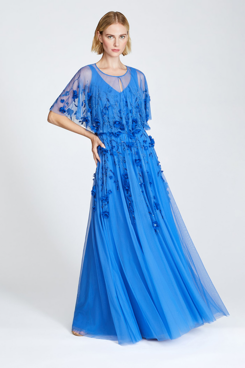 Fabiana Beaded Capelet Gown 8 / Cornflower Blue