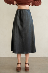 Gray Vegan Leather Pull On Midi Skirt Midi Skirt