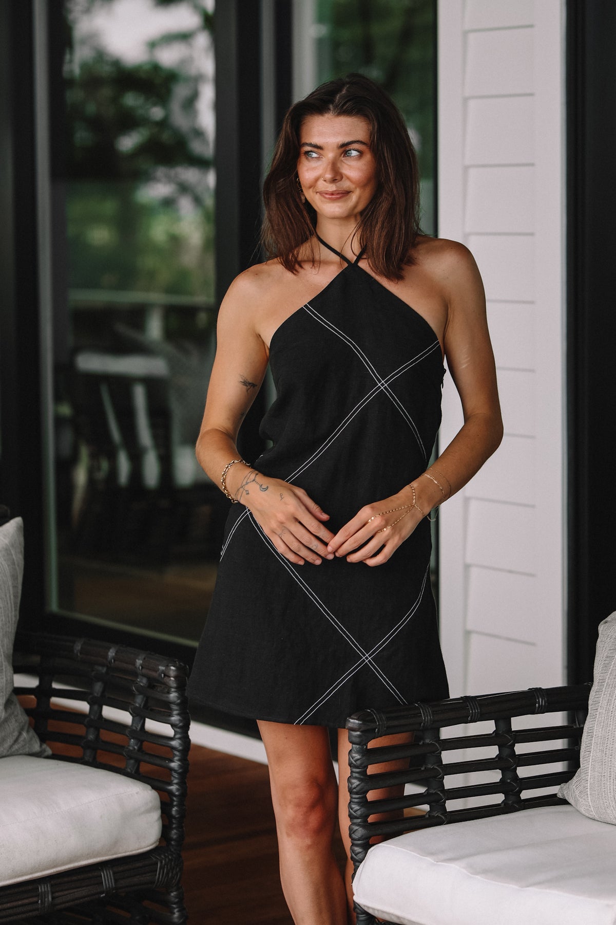 black linen mini dress Lena Contrast Stitch Halter Linen Mini Dress – Two Cumberland