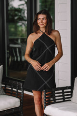 Black Lena Contrast Stitch Halter Linen Mini Dress Mini Dress