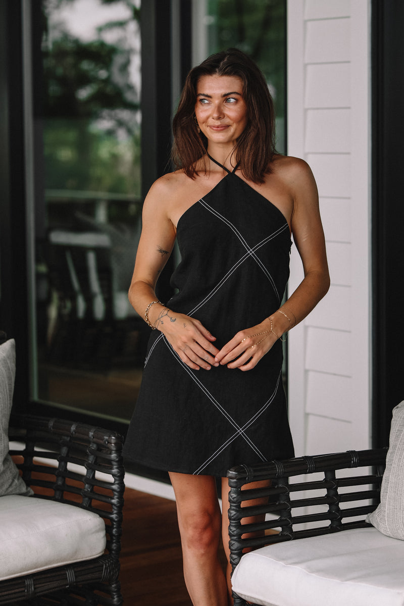 linen halter dress mini Lena Contrast Stitch White / L cute christmas outfits