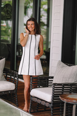 Black Linen Binded Mini Dress in White/Black Mini Dress