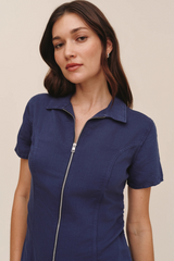 Dark Slate Gray Short Sleeve Zip Front Dress Mini Dress