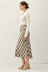 Antique White Tartan Plaid Flowy Midi Skirt Midi Skirt