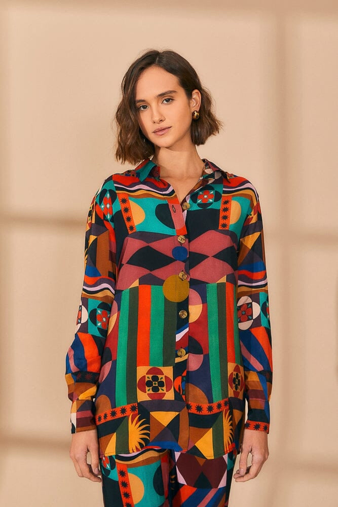 Tan Tropical Shapes Blouse Blouse