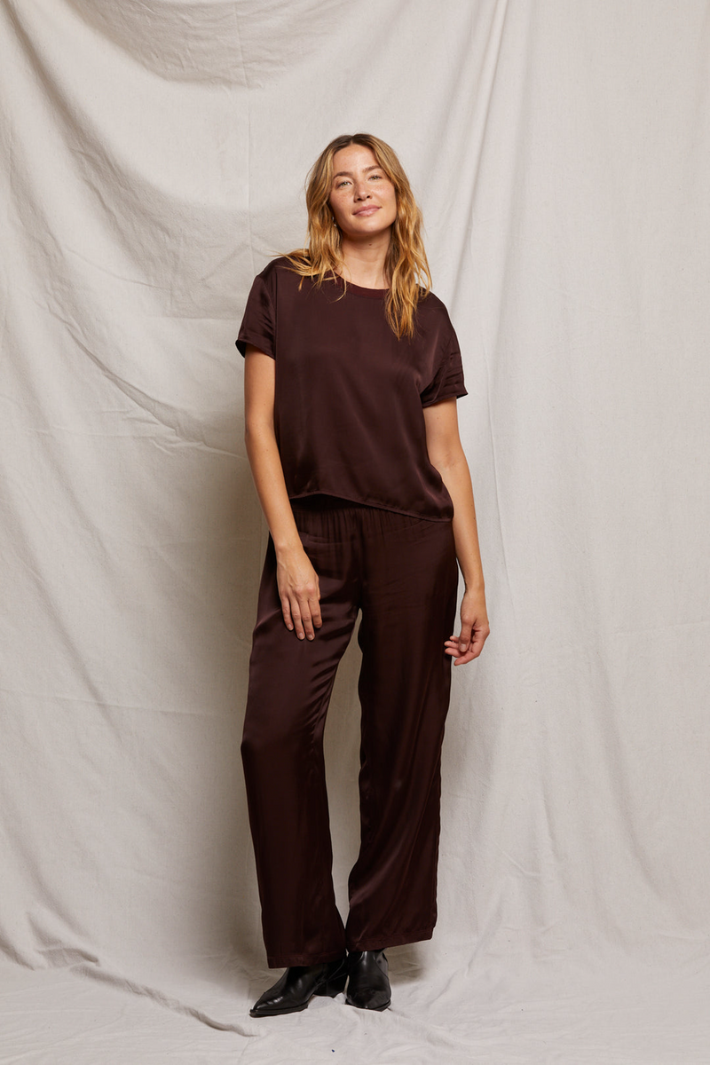 Gray Delphine Satin Crew Neck Tee Top