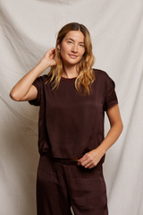 Gray Delphine Satin Crew Neck Tee Top