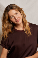 Tan Delphine Satin Crew Neck Tee Top