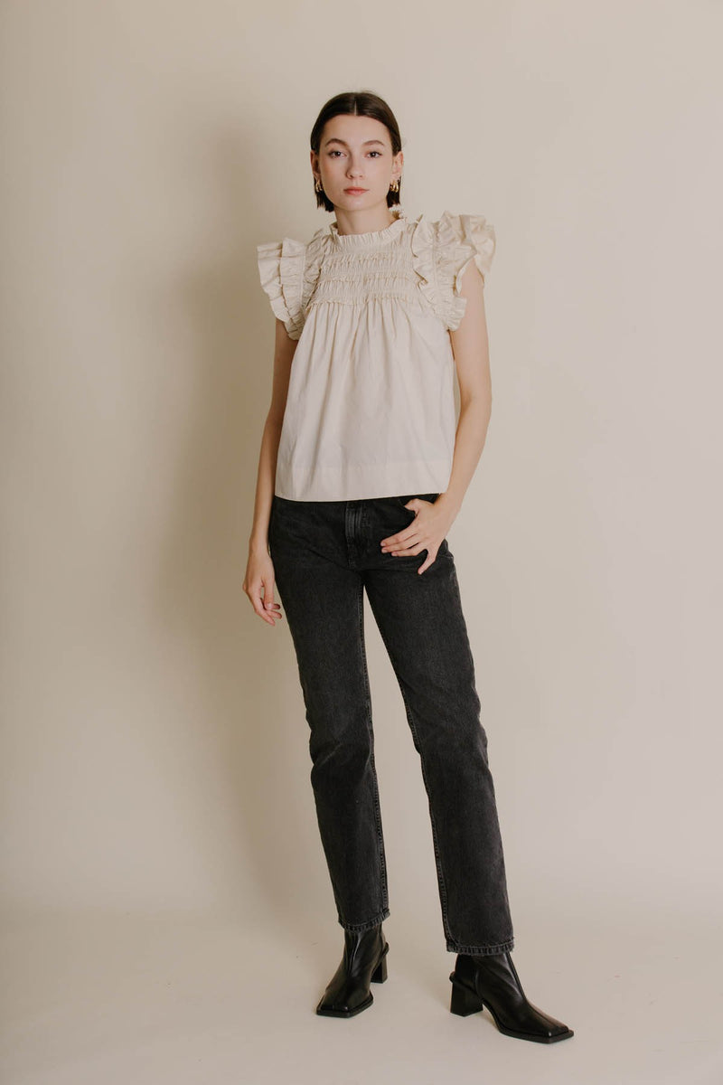 Dark Gray Loveland Smocked Flutter Sleeve Top Top