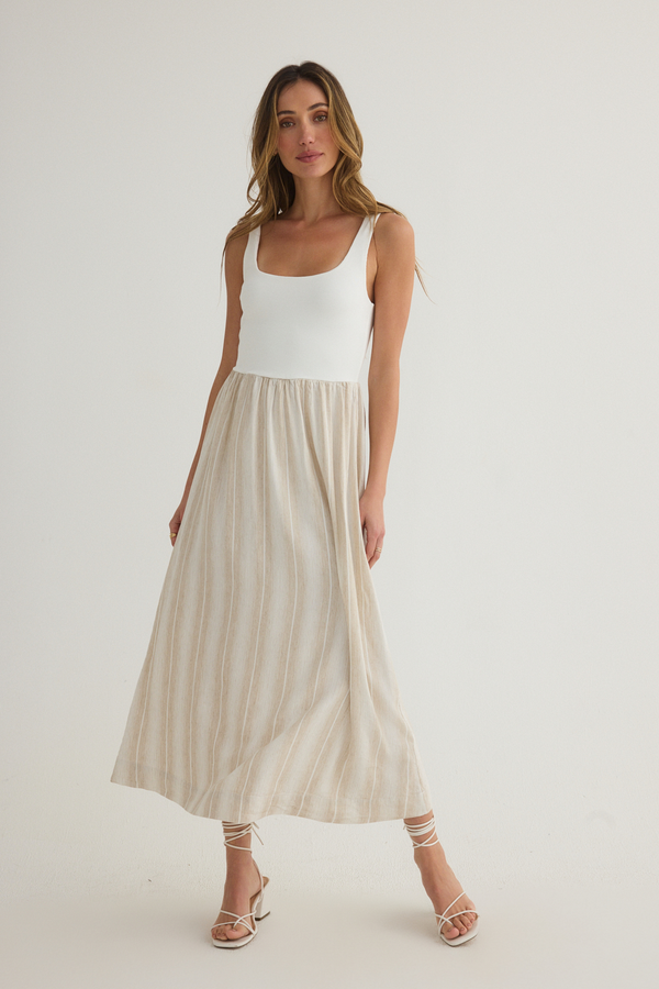 Sleeveless Knit Combo Dress in Positano Sand Stripe