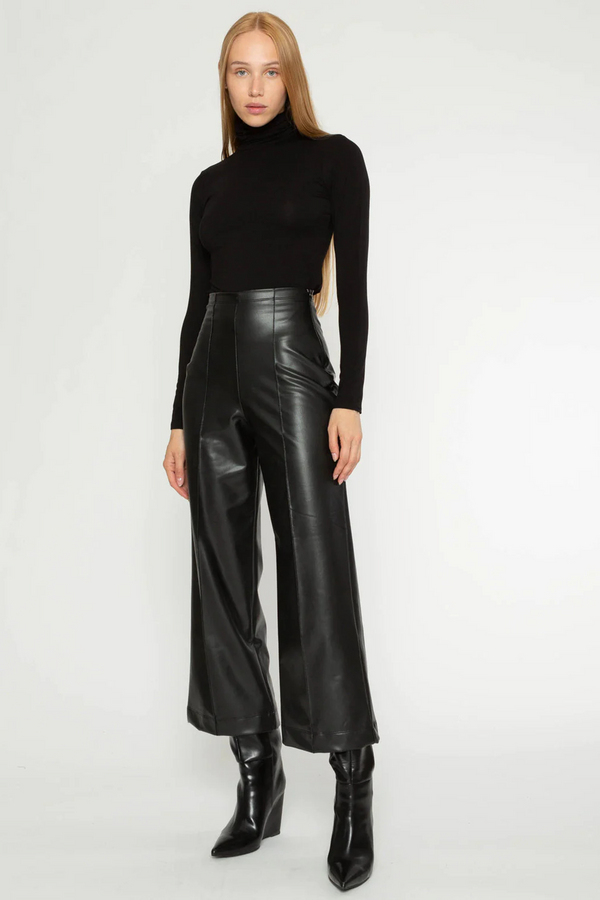 Black Vegan Leather Straight Leg Cropped Pants Pants