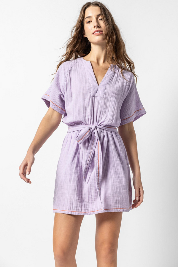 Lavender Belted Split Neck Dress Mini Dress