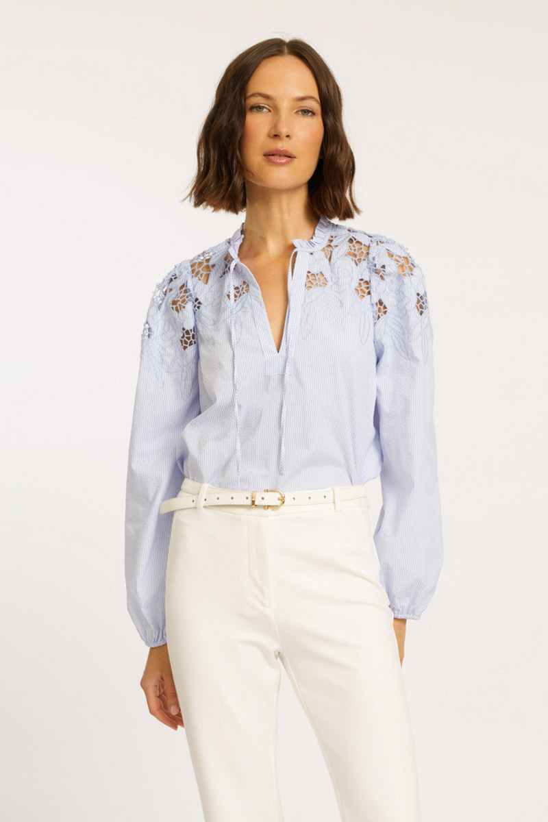 Beige Riana Top in Blue Micro Stripe Top