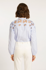 Beige Riana Top in Blue Micro Stripe Top