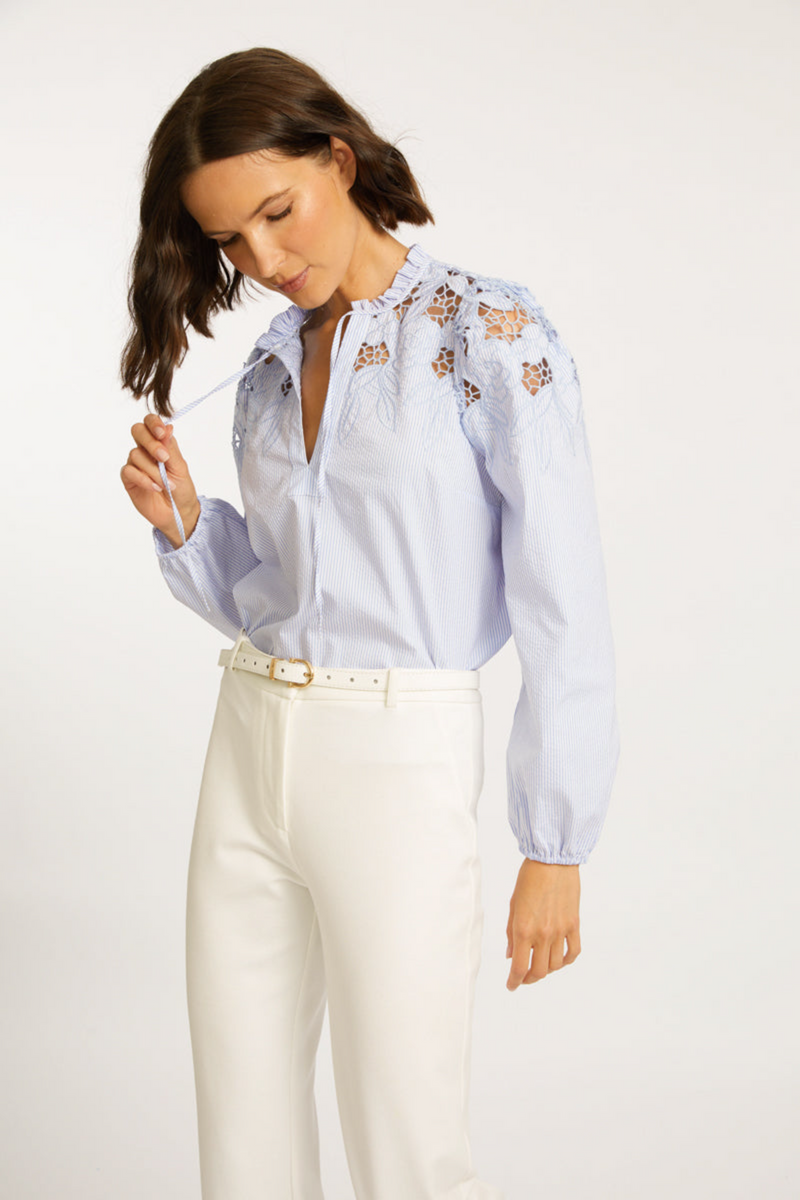 Antique White Riana Top in Blue Micro Stripe Top