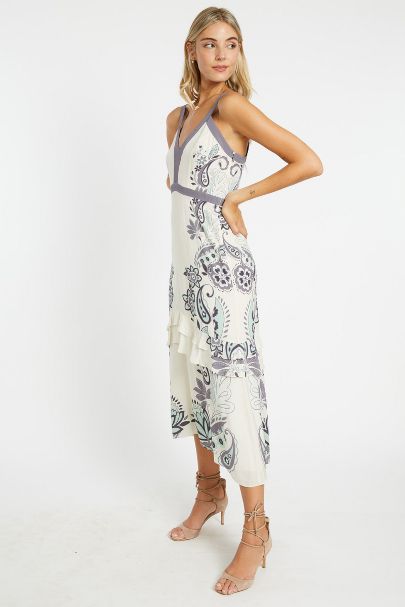 Beige Sana Dress in Ivory Protea Paisley Midi Dress