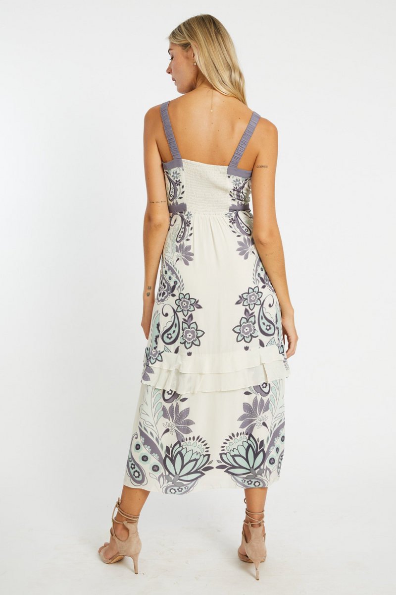 Beige Sana Dress in Ivory Protea Paisley Midi Dress