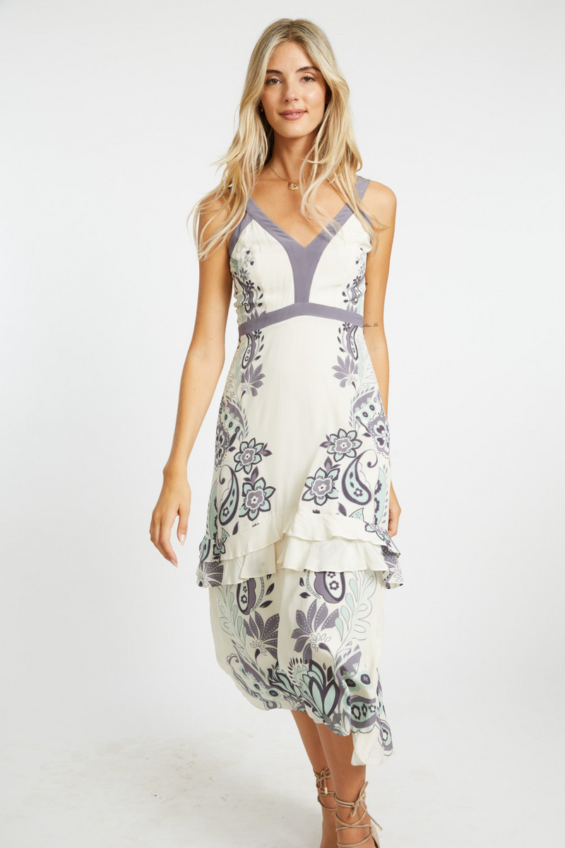 Beige Sana Dress in Ivory Protea Paisley Midi Dress