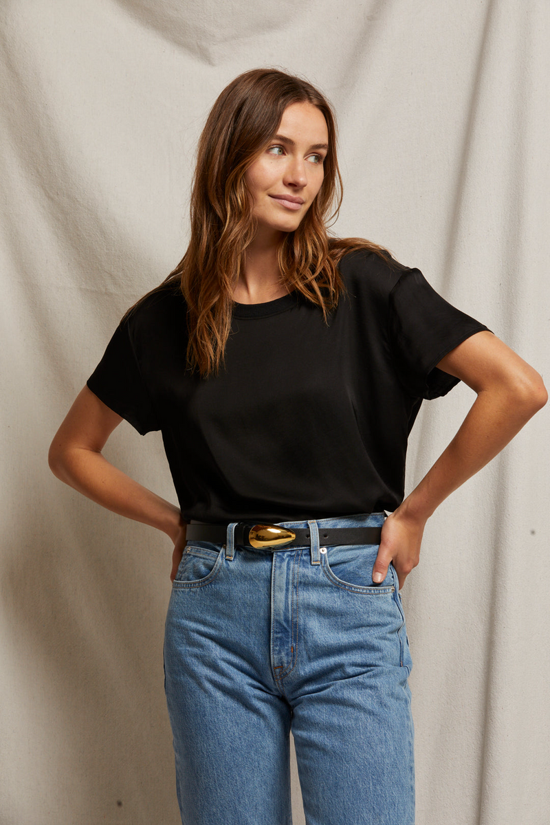Dark Gray Delphine Satin Crew Neck Tee Top