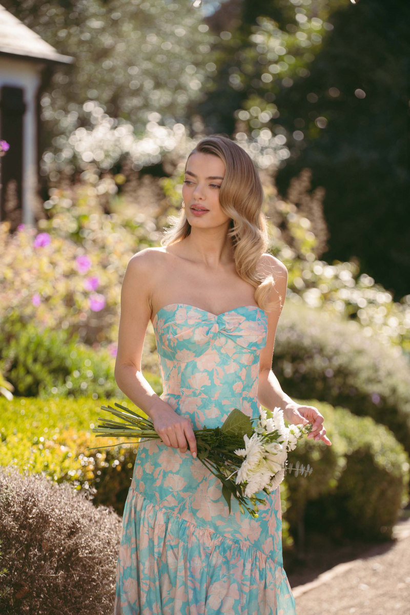 Dim Gray Phoebe Dress in Teal Vintage Floral Formal Dress